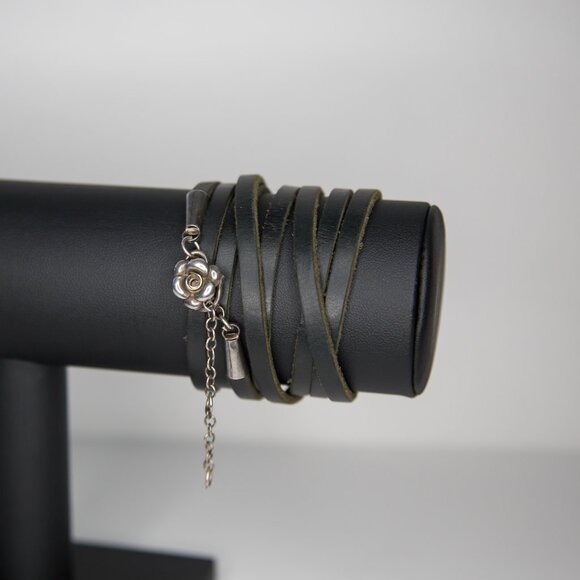 SOLD Vintage Leather Wrap Bracelet with Silver Rose Charm Closure - Picture 2 of 6
